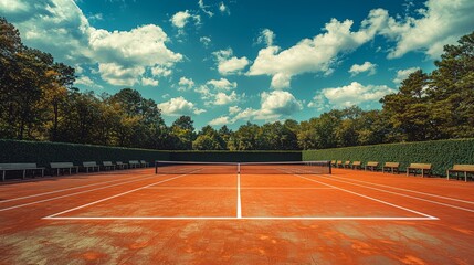 Tranquil tennis court surrounded by manicured greenery under a vibrant sky