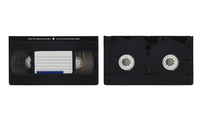 VHS videocassette, mockup with front and back sides on white background with blank space for mockup