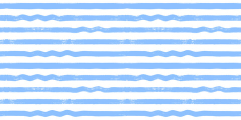 Wave stripes seamless pattern. Hand drawn wavy beach vector print, grunge paint lines with waves, blue watercolor background