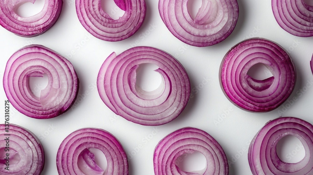 Poster sliced red onions arranged in circular patterns showcase vibrant