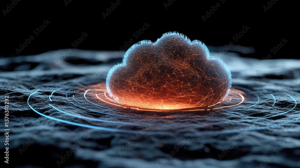 Poster virtual data storage concept with a floating 3d network web inside an abstract glowing cloud structu