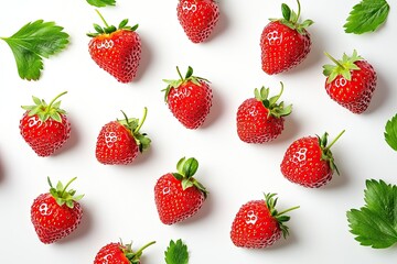 Bright red strawberries scattered artistically on white backgrou
