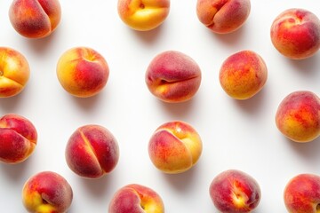 Bright, fresh peaches arranged in playful, colorful pattern on w