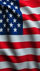 Fototapeta premium Patriotic Display of American Flag Waves Outdoor Setting Textile Art Natural Light Close-Up View Symbol of Freedom