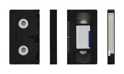 VHS videocassette in different sides without cover sleeve on white background with blank space for...