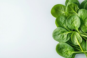 Fresh green spinach leaves arranged neatly on light background,