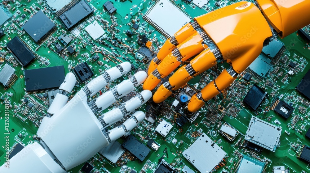 Poster two robotic hands reaching towards each other above a circuit board, symbolizing technology and huma