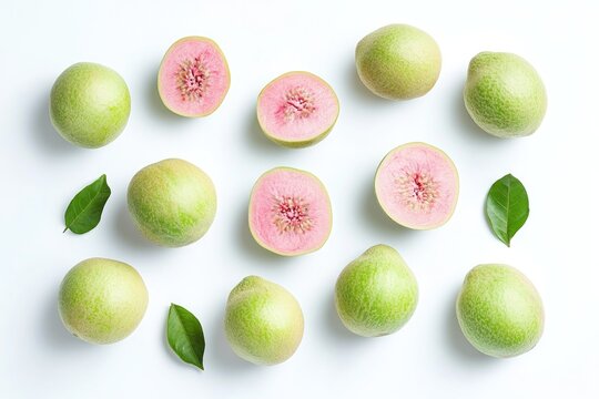 Fresh guavas arranged artistically, showcasing vibrant pink fles