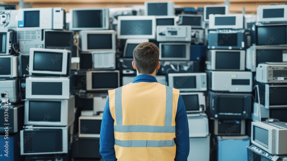 Aufkleber a person in a reflective vest stands in front of a large stack of old computer monitors, surrounded 