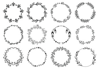 Hand Drawn Floral Wreath Set with Leaves and Branches on White Background