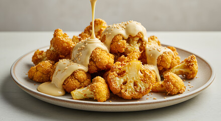 Golden Fried Cauliflower Florets Drizzled with Creamy Tahini Sauce and Sesame Seeds