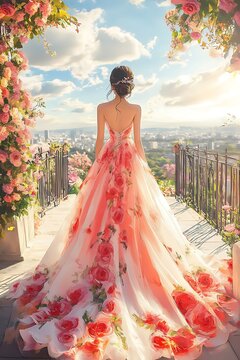 Woman in floral dress, city view, garden