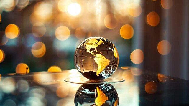 Goldene Weltkugel auf reflektierender Oberfl&auml;che