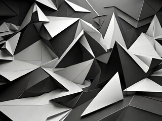 A dramatic interplay of light and shadow in a chaotic yet balanced landscape of folded monochrome triangles, creating an abstract scene of powerful geometric forms.
