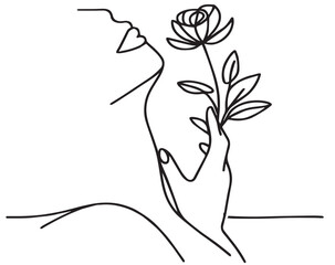 single line art woman with a rose vector