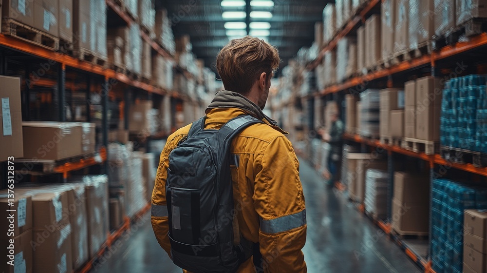 Poster a warehouse worker dressed in a yellow jacket surveys shelves filled with packed boxes in a busy log