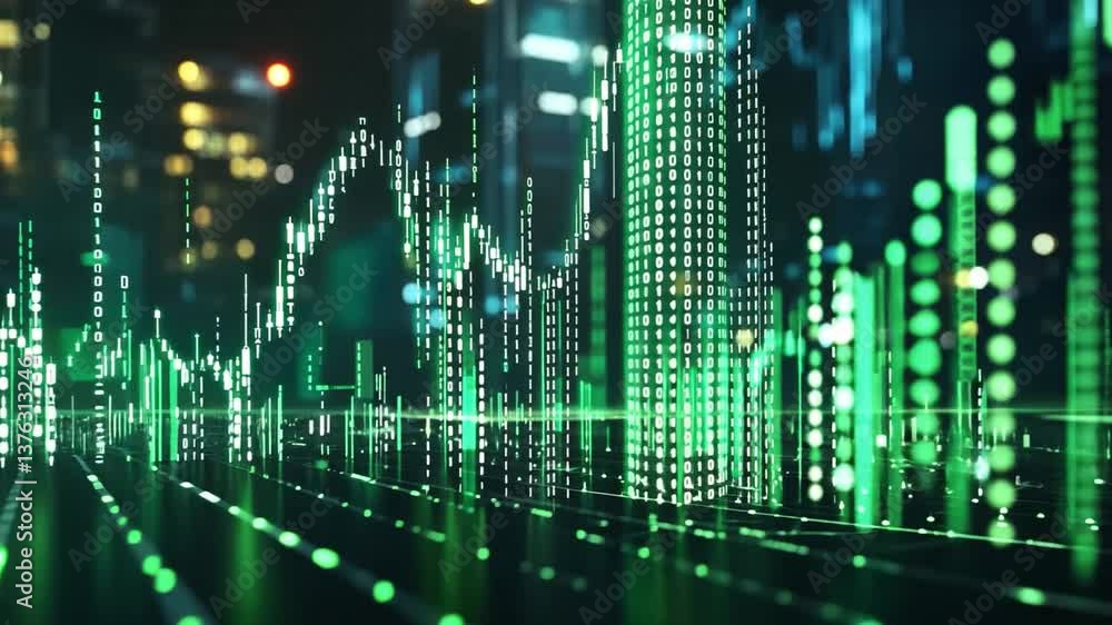 Aufkleber abstract digital representation of data analytics with green binary code and grid lines in a futuris