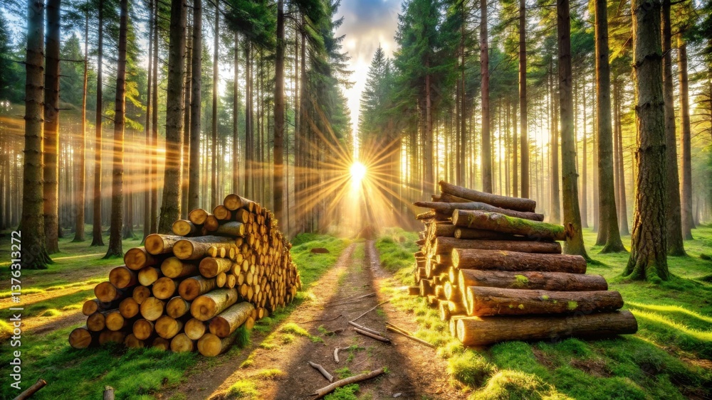 Poster Golden sun rays illuminate a forest path flanked by neatly stacked logs, creating a serene and picturesque woodland scene.