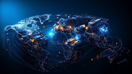 Isometric Global Freight Network, 3D Global Freight Network, Detailed Global Freight Network, a bold 3D isometric of a world map with cargo ships, trucks, and planes interconnected