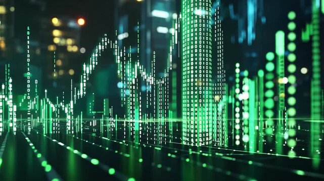 Abstract Digital Representation of Data Analytics with Green Binary Code and Grid Lines in a Futuristic Urban Environment at Night