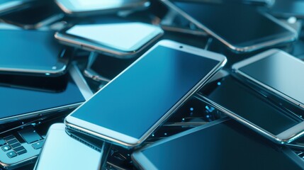 A collection of modern smartphones piled together, showcasing their sleek designs and reflective screens.