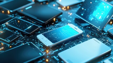 A collection of modern smartphones on a circuit board, showcasing technology and connectivity in a vibrant digital environment.