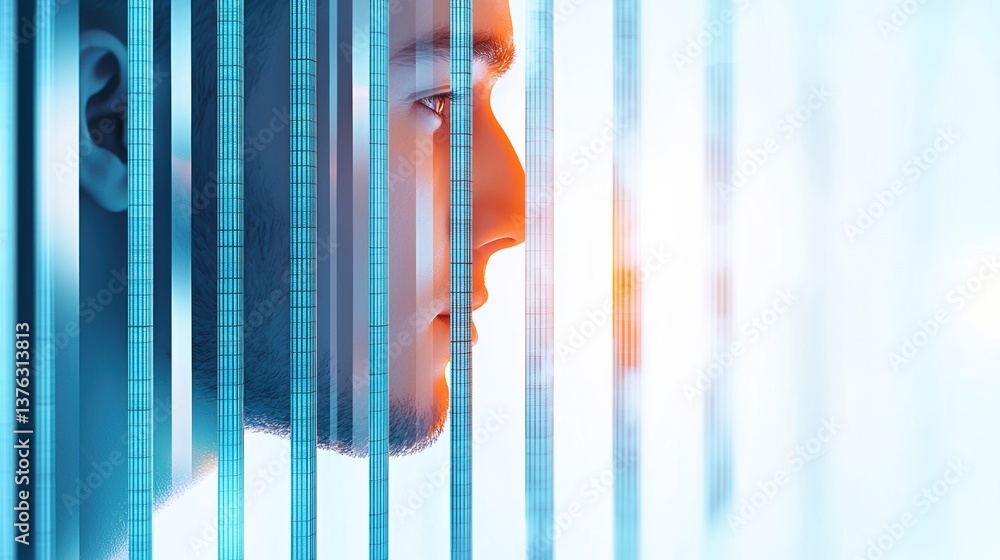 Aufkleber a profile of a man is partially obscured by vertical bars, creating a surreal and artistic effect wi