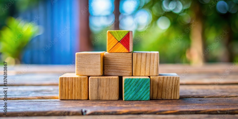 Poster a colorful wooden block sits atop a pyramid structure of plain wooden blocks, all arranged on a rust