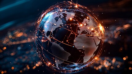 Transparent Global Freight Network, Illuminated Global Freight Network, Futuristic Global Freight Network,  a futuristic 3D concept of a transparent globe with illuminated shipping routes 