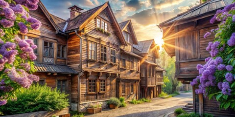 Fototapeta premium Golden Hour Illumination on a Picturesque Row of Aged Wooden Houses Adorned with Vibrant Lilac Blossoms