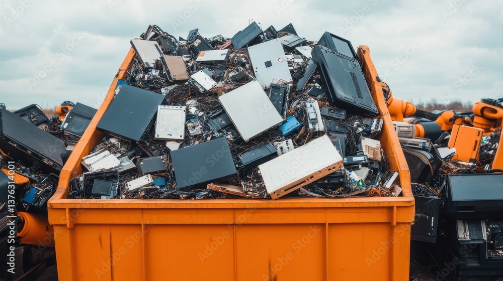 Poster a large container overflowing with discarded electronic devices and components, highlighting the iss
