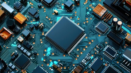 A close-up view of a circuit board featuring various electronic components interconnected by intricate pathways.
