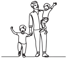 Loving father walking outdoors with kids. Caring young dad and little children holding hands. Vector illustration