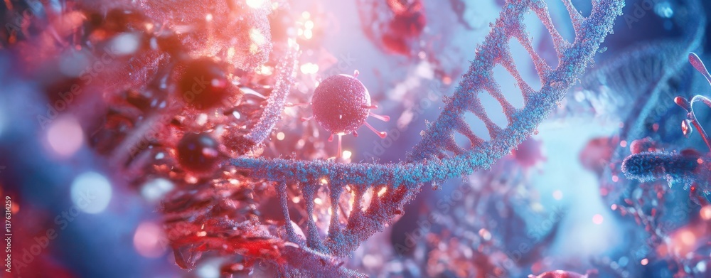 Poster 3d render of dna strands surrounded by microscopic creatures, featuring a red and blue color theme w