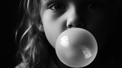Naklejka premium Child chewing gum with joy against a dark background 