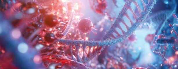 3D render of DNA strands surrounded by microscopic creatures, featuring a red and blue color theme with a blurred background and intricate details.