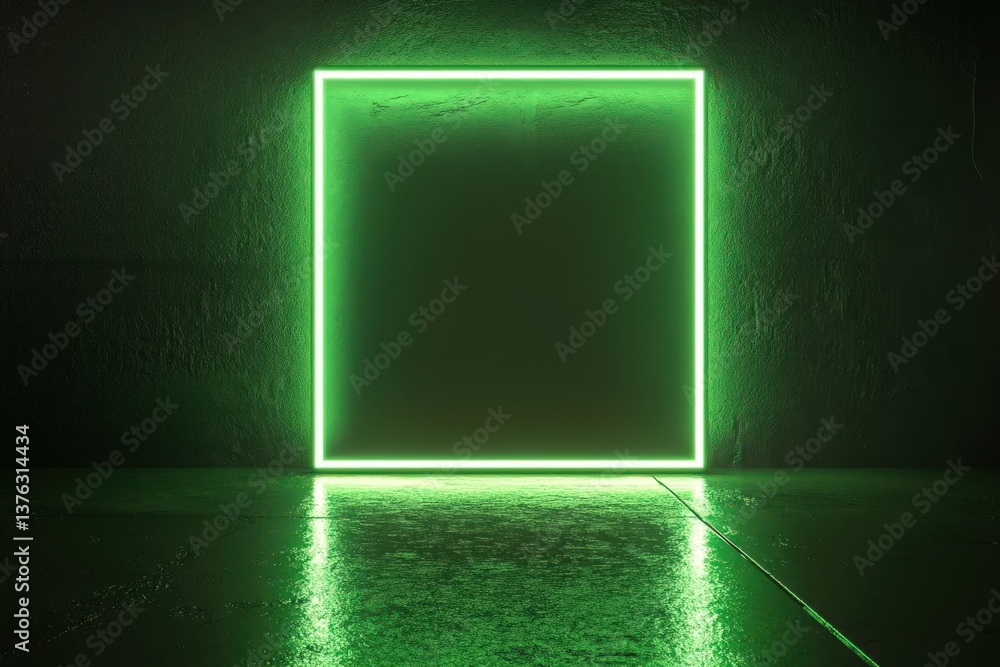 Aufkleber 3d rendering of a glowing green neon square frame in a dark minimalist room, reflecting on the floor