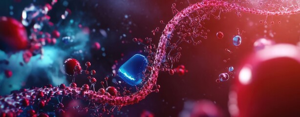 3D render of DNA strands surrounded by microscopic creatures, featuring a red and blue color theme with a blurred background and intricate details.