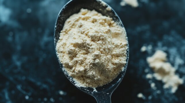 Measuring Spoon Filled with Vanilla Protein Powder