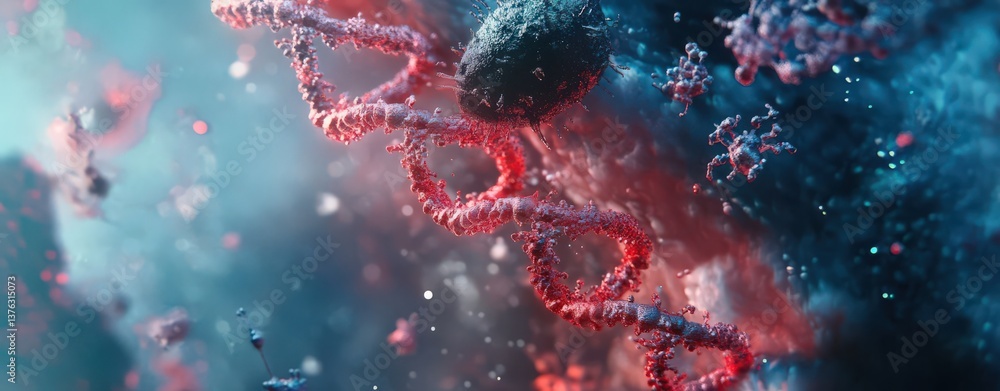 Poster 3d render of dna strands surrounded by microscopic creatures, featuring a red and blue color theme w