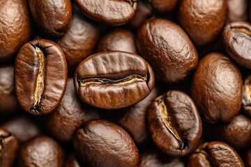 Naklejka premium Rich, dark coffee beans arranged closely, showcasing texture and