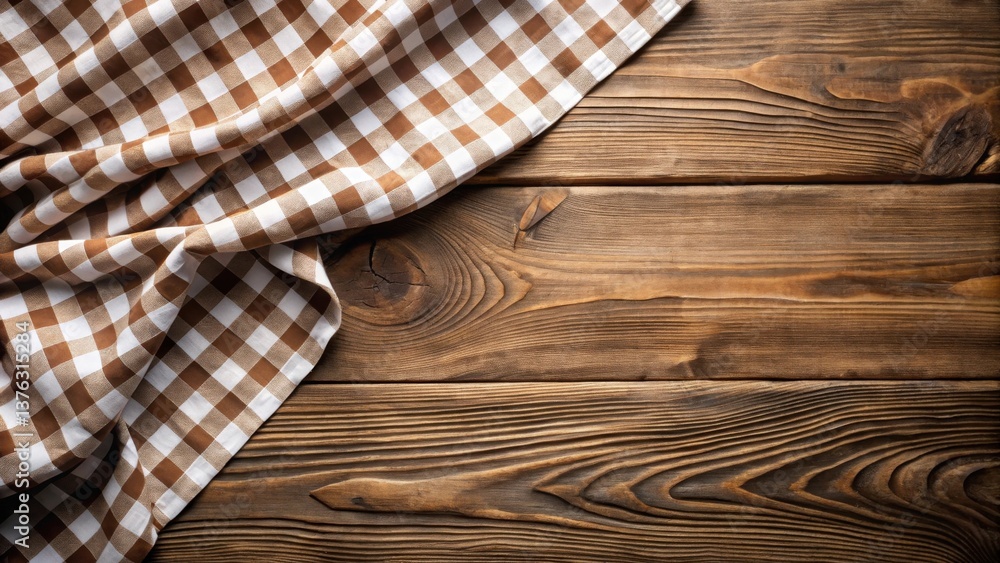 Poster Rustic Brown and White Checkered Tablecloth Draped on a Weathered Wooden Surface, Providing a Charming and Versatile Background for Culinary or Rustic Themed Projects