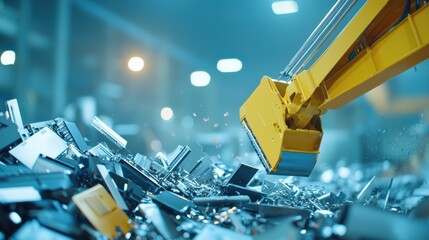 A bright, industrial scene shows a yellow claw machine lifting and sorting metal scraps in a factory, illuminated by ambient lighting.