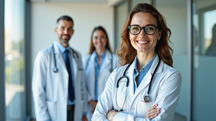 Fototapeta premium Confident young female doctor. Portrait of smiling woman physician in medical uniform with stethoscope, healthcare concept