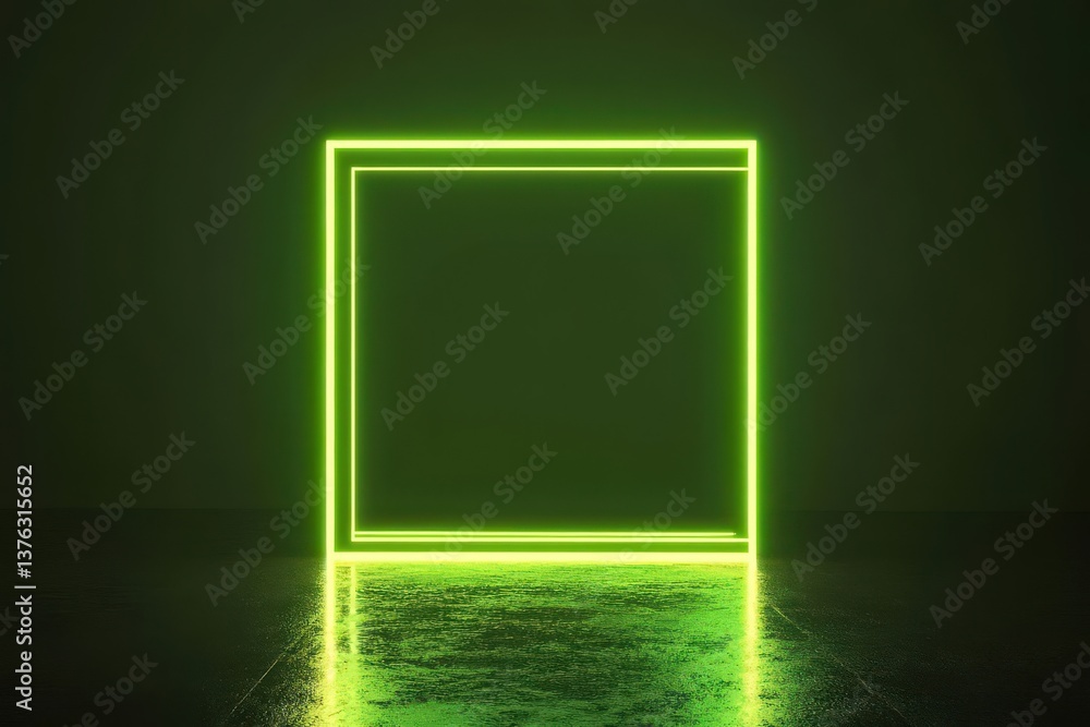Aufkleber 3d rendering of a glowing green neon square frame in a dark minimalist room, reflecting on the floor