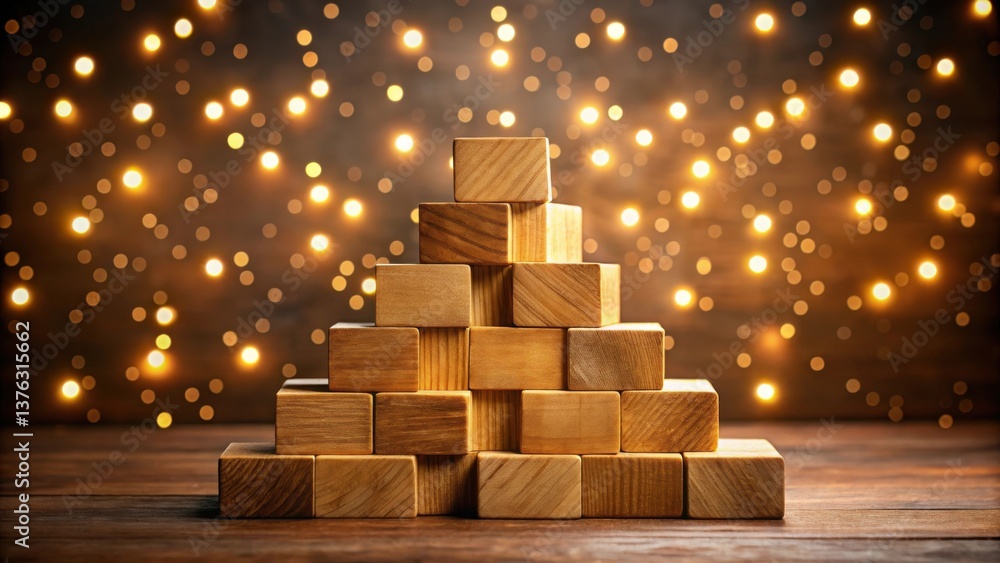 Poster wooden blocks arranged as a festive tree shape against a bokeh background of warm lights
