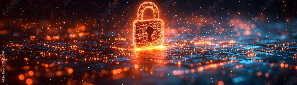 Poster digital security and encryption symbolized by a glowing padlock icon