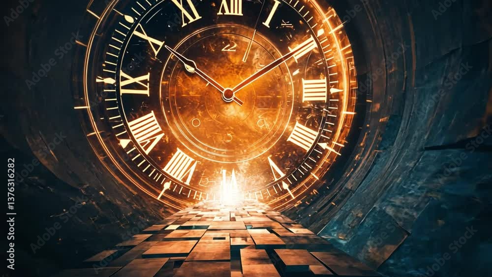 Poster enigmatic journey through time with a glowing clock in a mystical tunnel of light and shadows, symbo