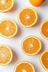 Fototapeta premium Bright orange slices arranged artistically on clean white backgr