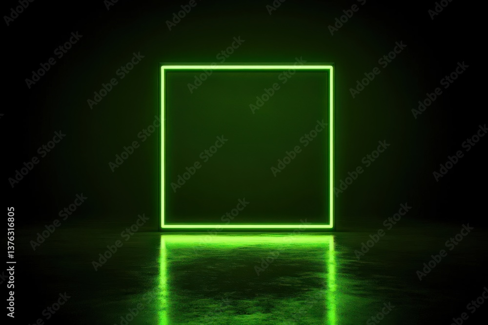 Poster 3d rendering of a glowing green neon square frame in a dark minimalist room, reflecting on the floor